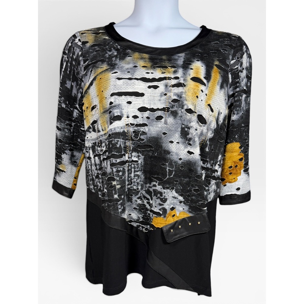 Goth Black Yellow Distressed Mixed Media Top Picadilly Canada Womens XL Studs